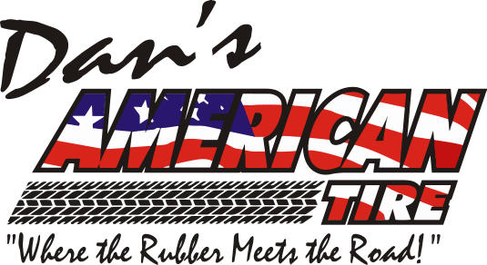 Dan’s American Tire logo with patriotic red, white, and blue stars-and-stripes lettering and tire-tread design. Canton, Ohio tire shop.